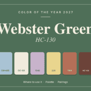 Benjamin Moore Color of the Year 2027 Webster Green HC-130 with eight paint color swatches