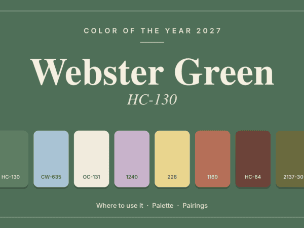 Benjamin Moore Color of the Year 2027 Webster Green HC-130 with eight paint color swatches