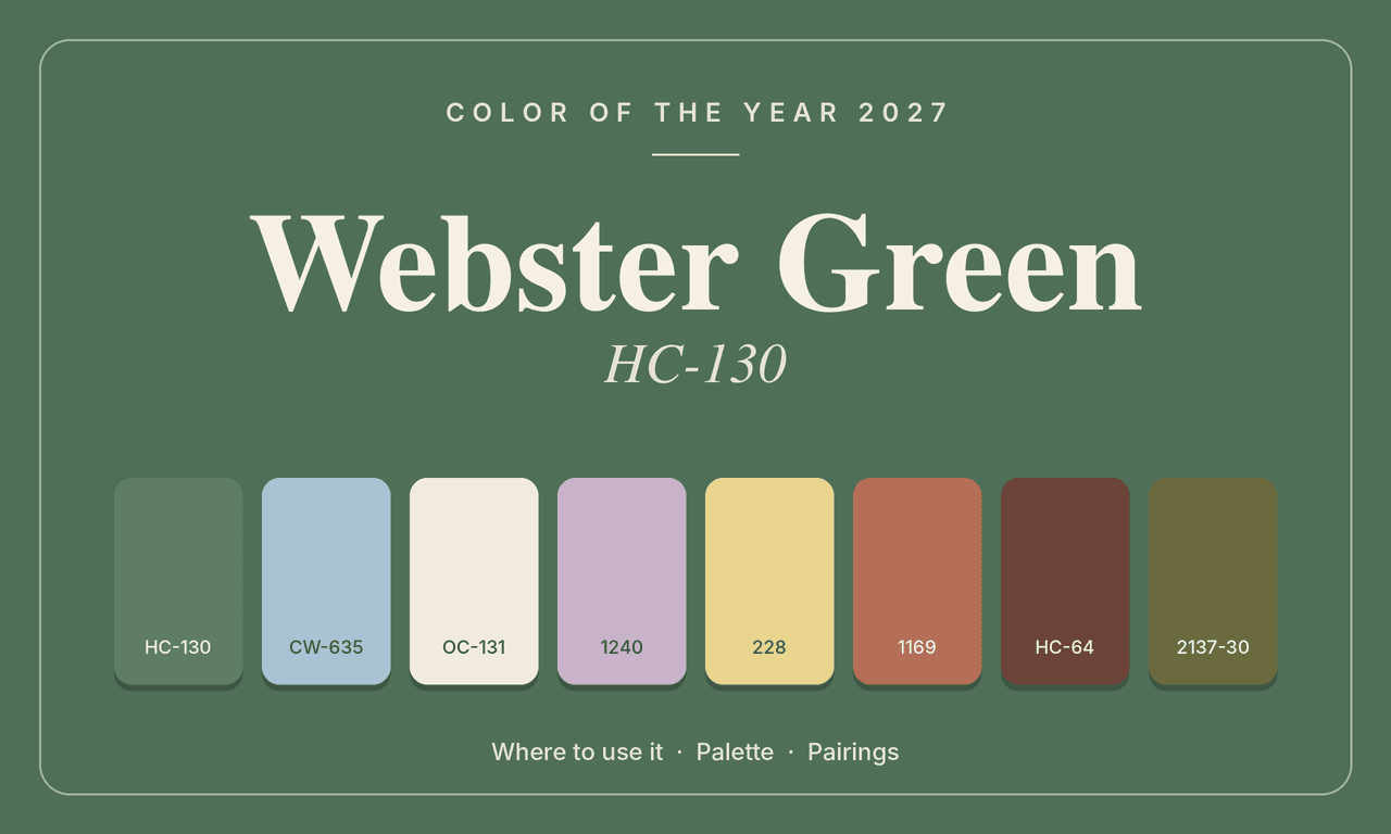 Benjamin Moore Color of the Year 2027 Webster Green HC-130 with eight paint color swatches